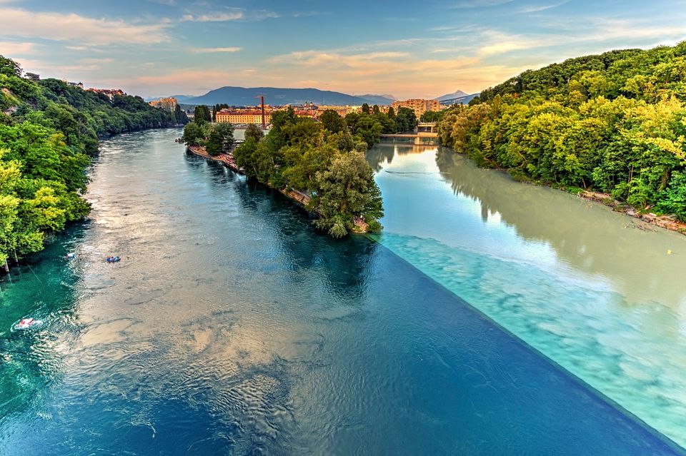 Rhone and Arve river confluence by sunset, Geneva, Switzerland, HDR